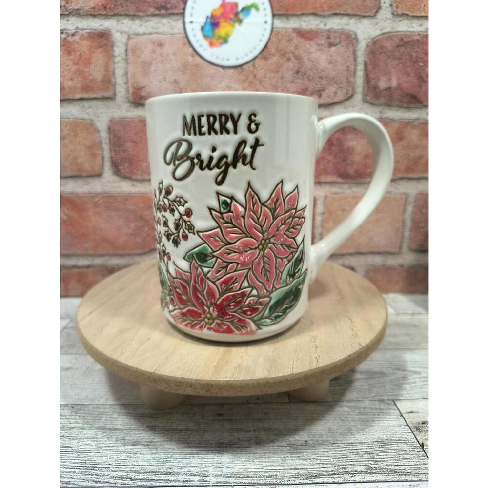 Spectrum Designz Camden Poinsettia 16oz Ceramic Coffee Mug Merry & Bright NWT